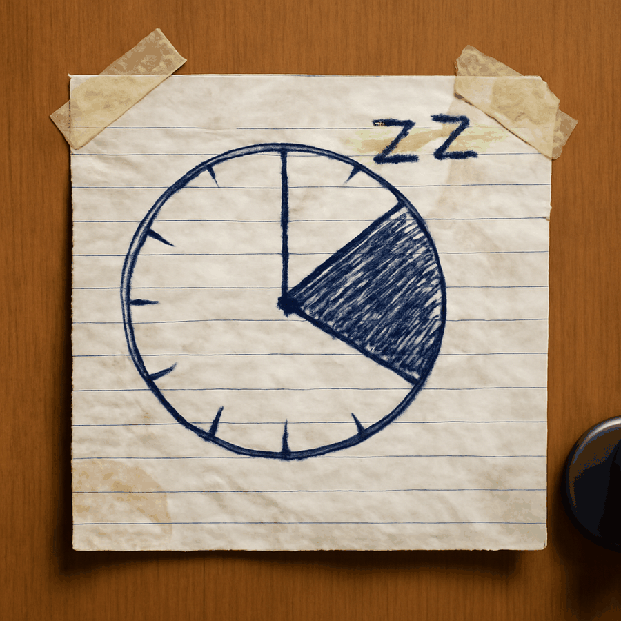 a handwritten sleep schedule note taped to a wooden office door, a quarter of the clock face scribbled solid in ballpoint, three sleepy Z marks above it